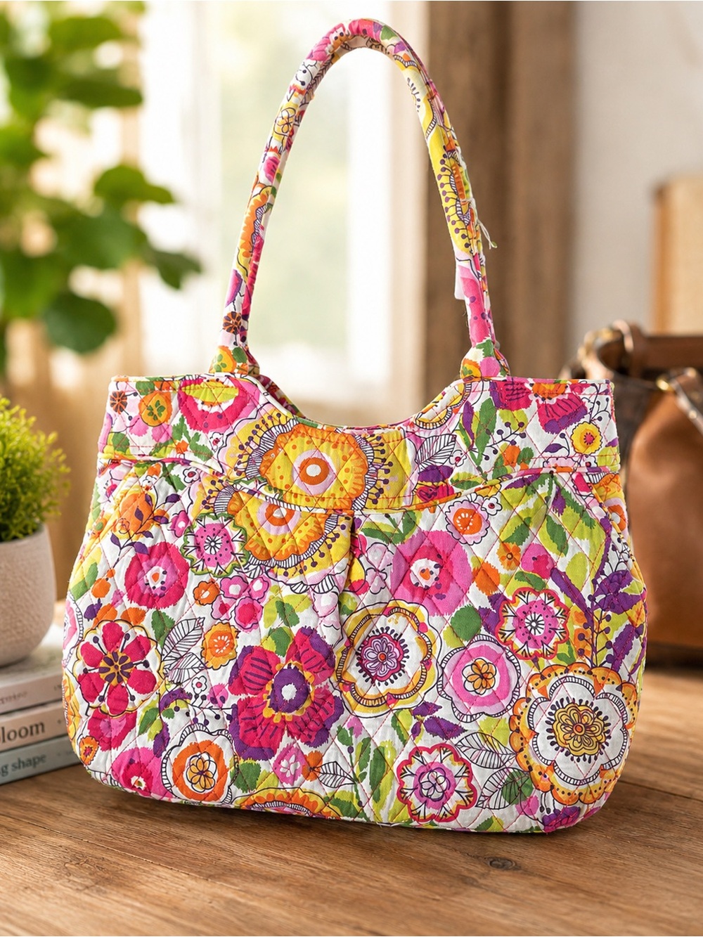 Vera Bradley Floral Quilted Tote Bag Pink Orange Purple Shoulder Purse